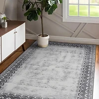 Dardon Gray Bordered Washable Area Rug, 5x7