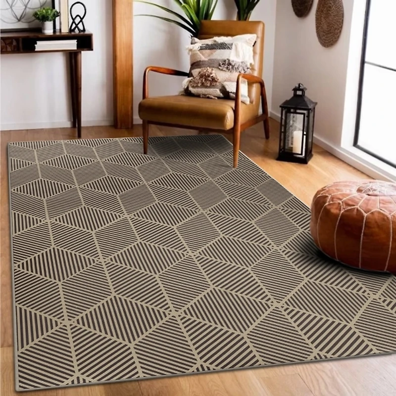Black Geometric Washable Area Rug, 5x7
