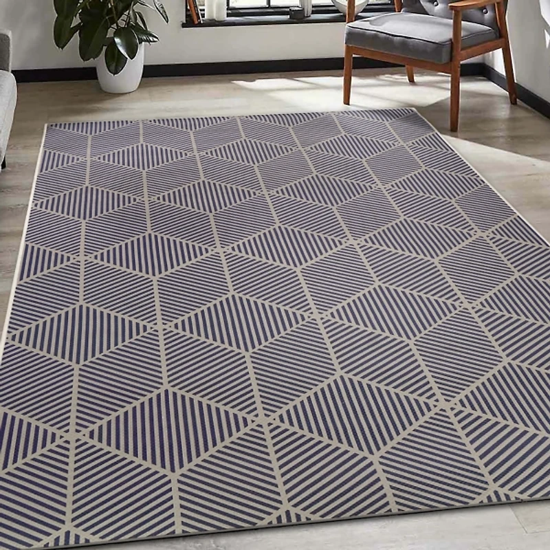 Navy Geometric Washable Area Rug, 5x7