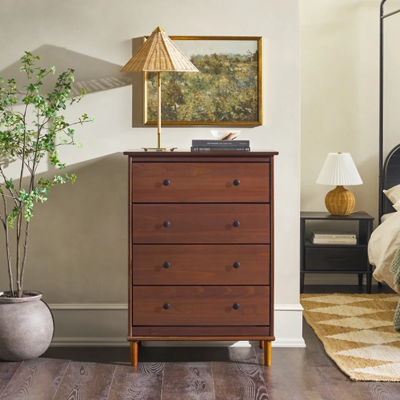 Walnut Mid-Century Modern 4-Drawer Wood Dresser