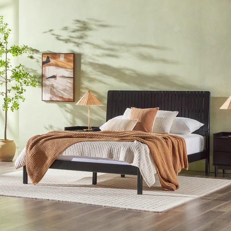 Wood Slatted Mid-Century Modern Queen Bed