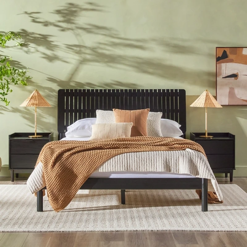 Wood Slatted Mid-Century Modern Queen Bed