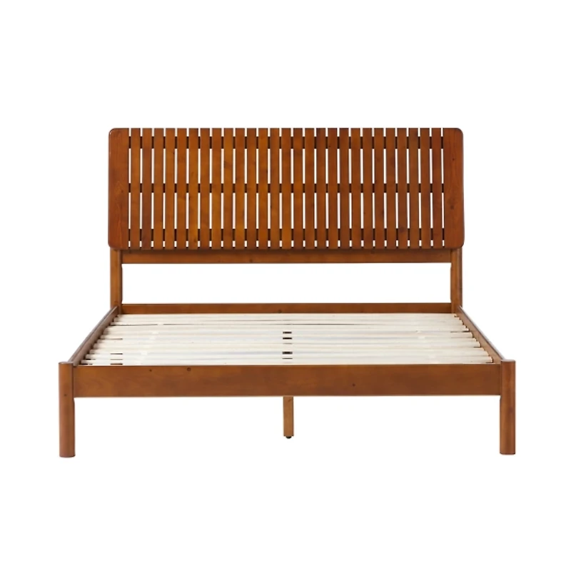 Brown Wood Slatted Mid-Century Modern Queen Bed