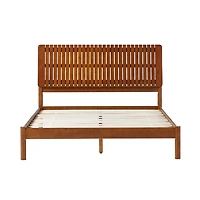 Brown Wood Slatted Mid-Century Modern Queen Bed