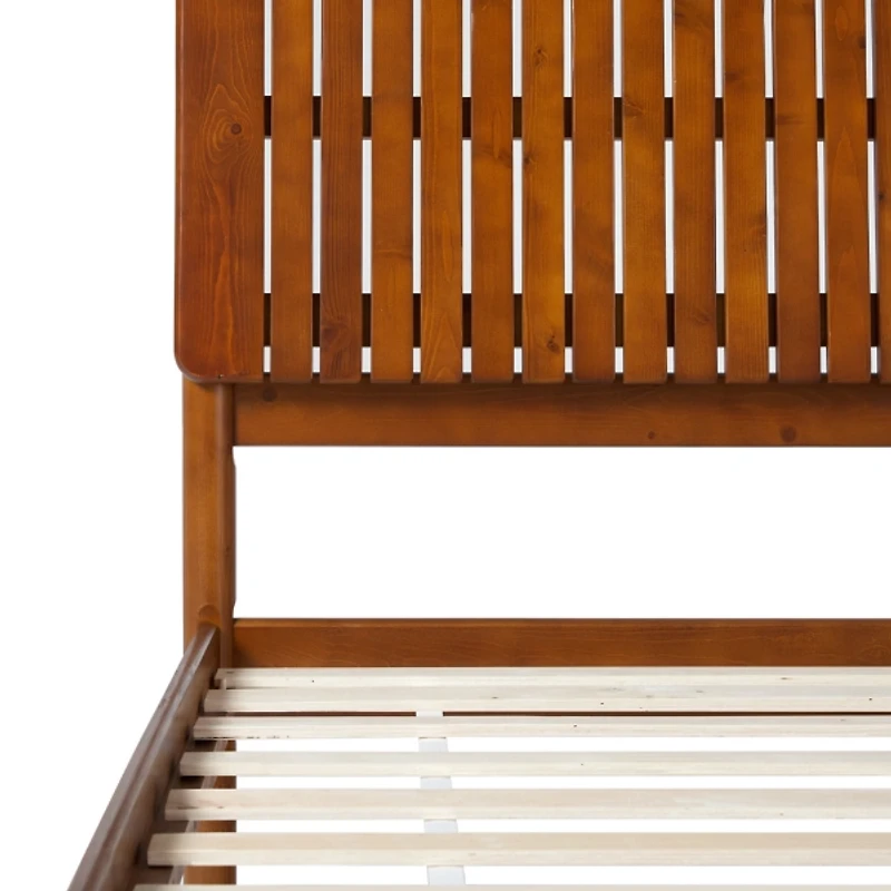 Brown Wood Slatted Mid-Century Modern Queen Bed