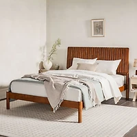 Brown Wood Slatted Mid-Century Modern Queen Bed