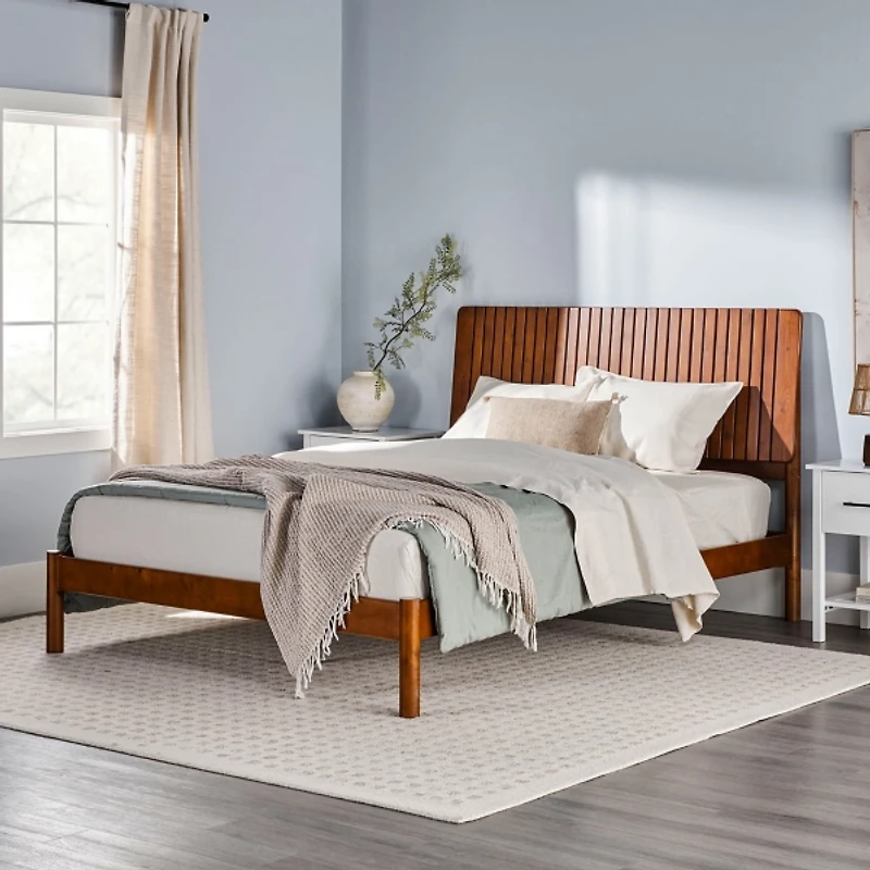 Brown Wood Slatted Mid-Century Modern Queen Bed
