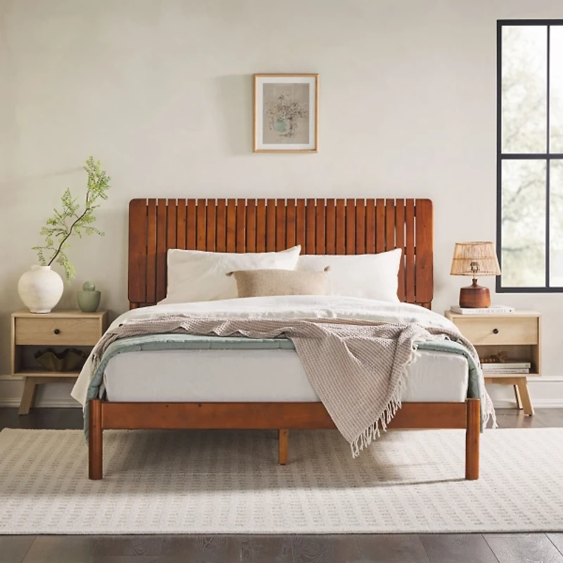Brown Wood Slatted Mid-Century Modern Queen Bed