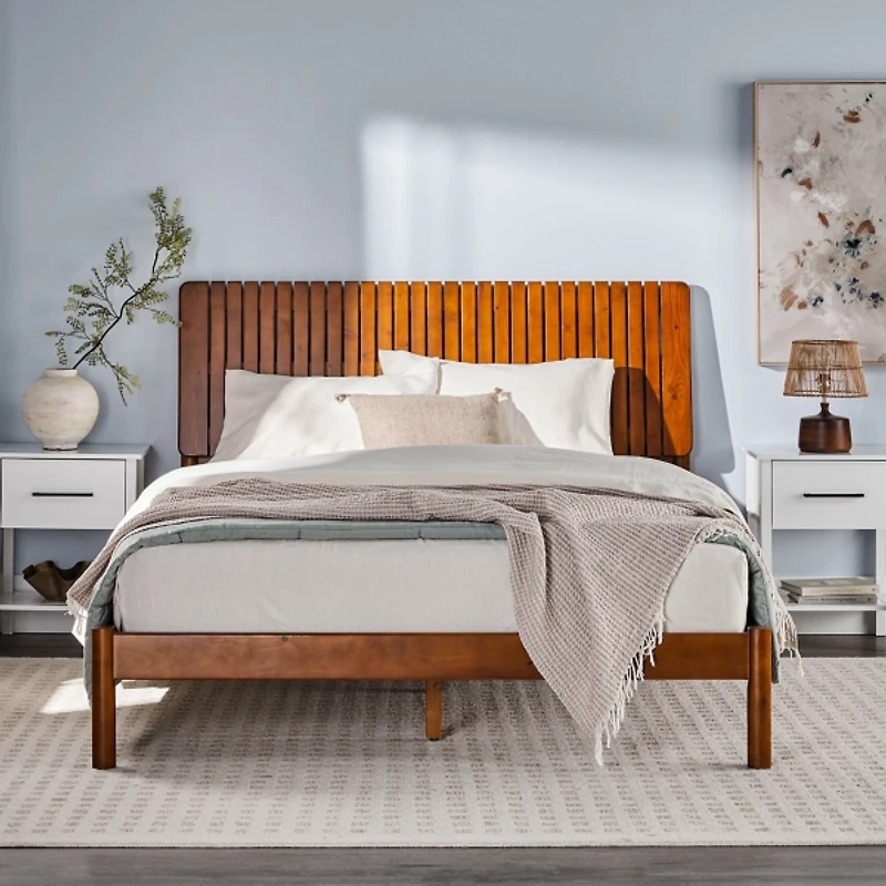 Brown Wood Slatted Mid-Century Modern Queen Bed