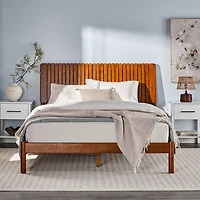 Brown Wood Slatted Mid-Century Modern Queen Bed