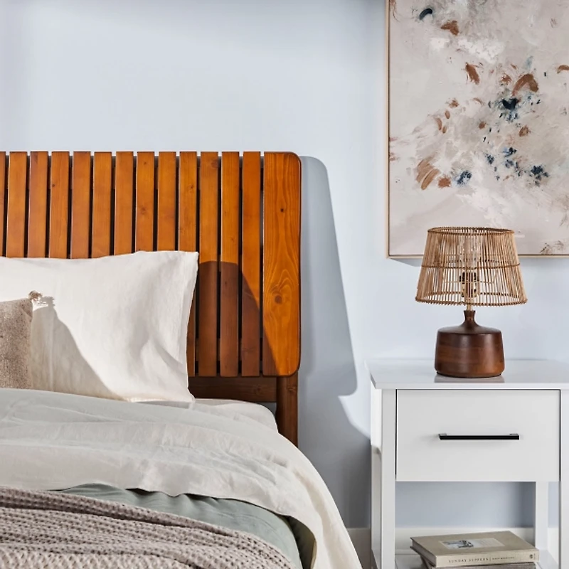 Brown Wood Slatted Mid-Century Modern Queen Bed