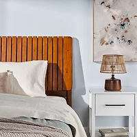 Brown Wood Slatted Mid-Century Modern Queen Bed