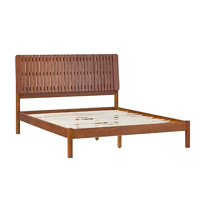 Brown Wood Slatted Mid-Century Modern Queen Bed