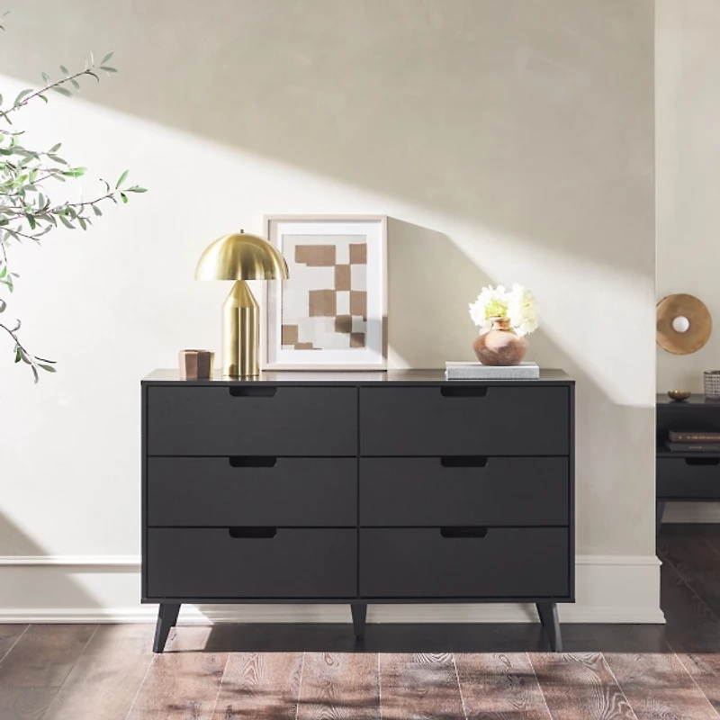Black Simple Grooved Handle 6-Drawer Dresser