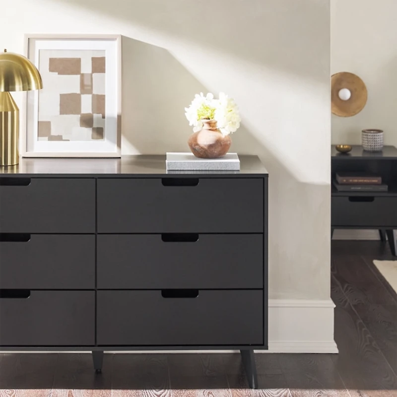 Black Simple Grooved Handle 6-Drawer Dresser
