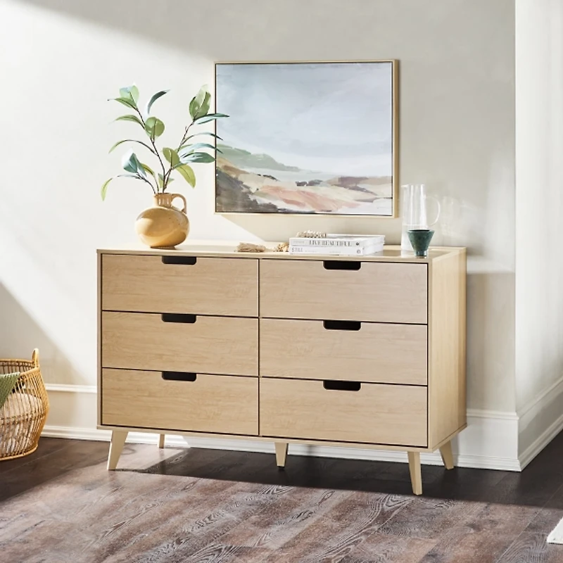 Oak Wood Simple Grooved Handle 6-Drawer Dresser