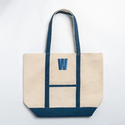 Blue Embroidered Monogram W Boat Tote