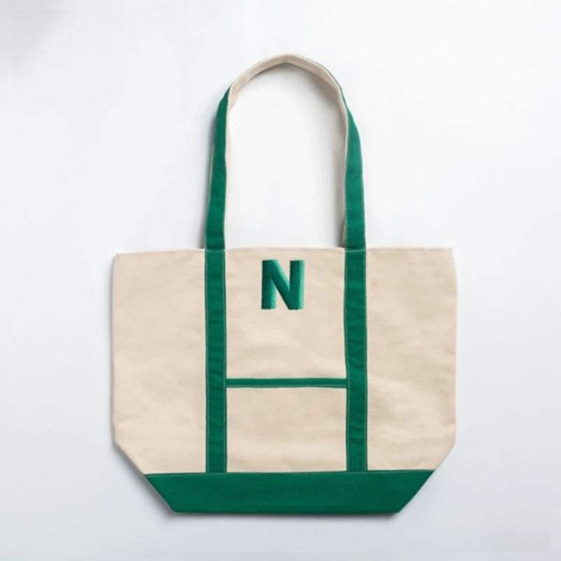 Green Embroidered Monogram N Boat Tote