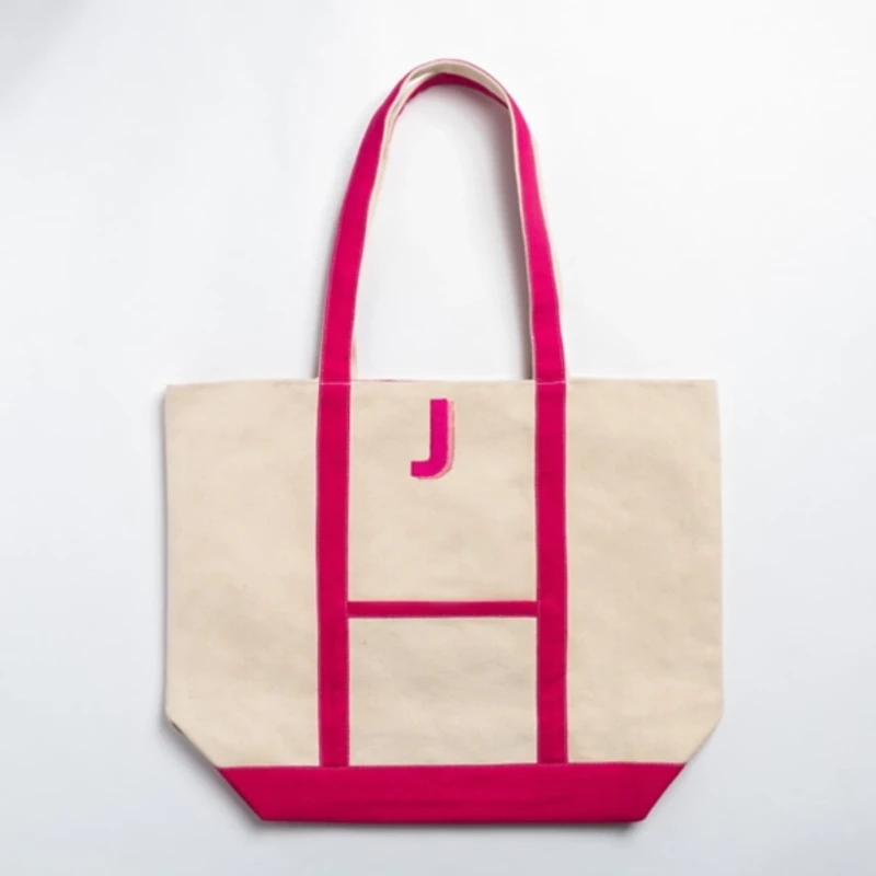 Pink Embroidered Monogram J Boat Tote