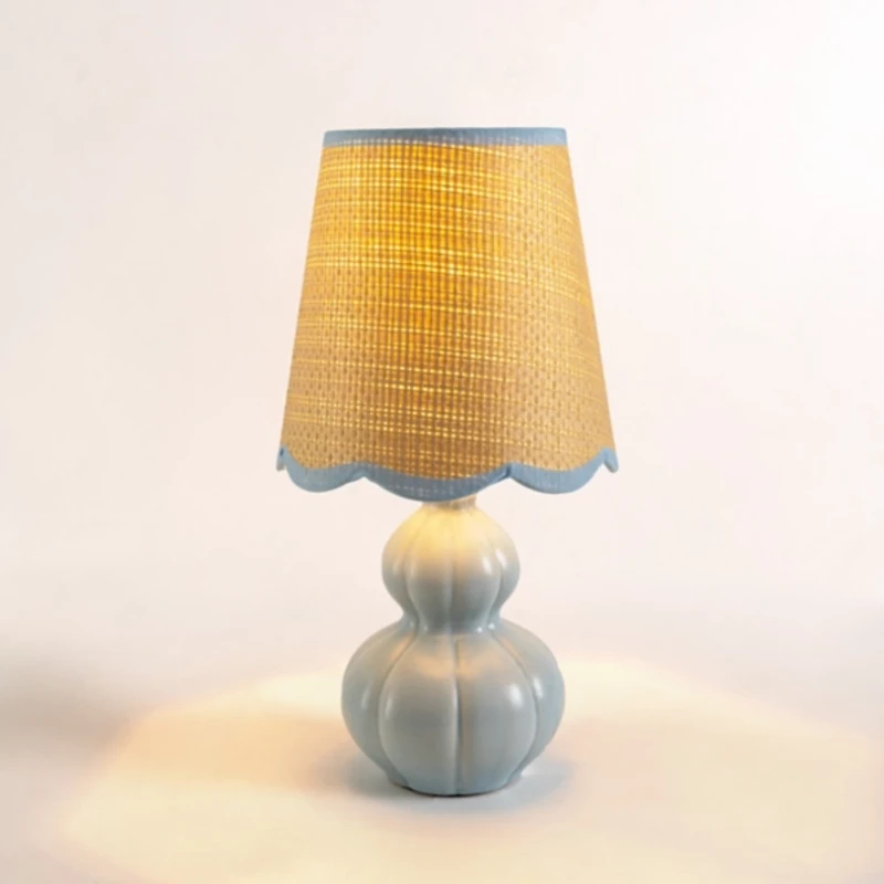 Blue Ceramic Mini Lamp with Scalloped Rattan Shade
