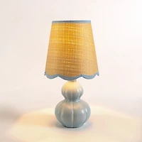 Blue Ceramic Mini Lamp with Scalloped Rattan Shade