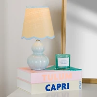 Blue Ceramic Mini Lamp with Scalloped Rattan Shade