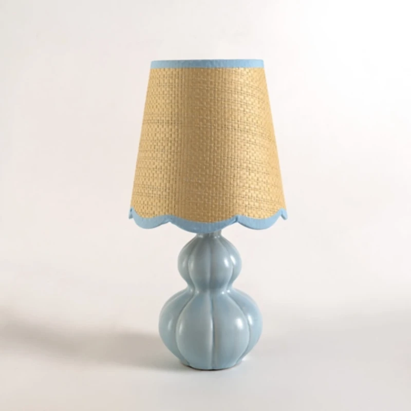 Blue Ceramic Mini Lamp with Scalloped Rattan Shade