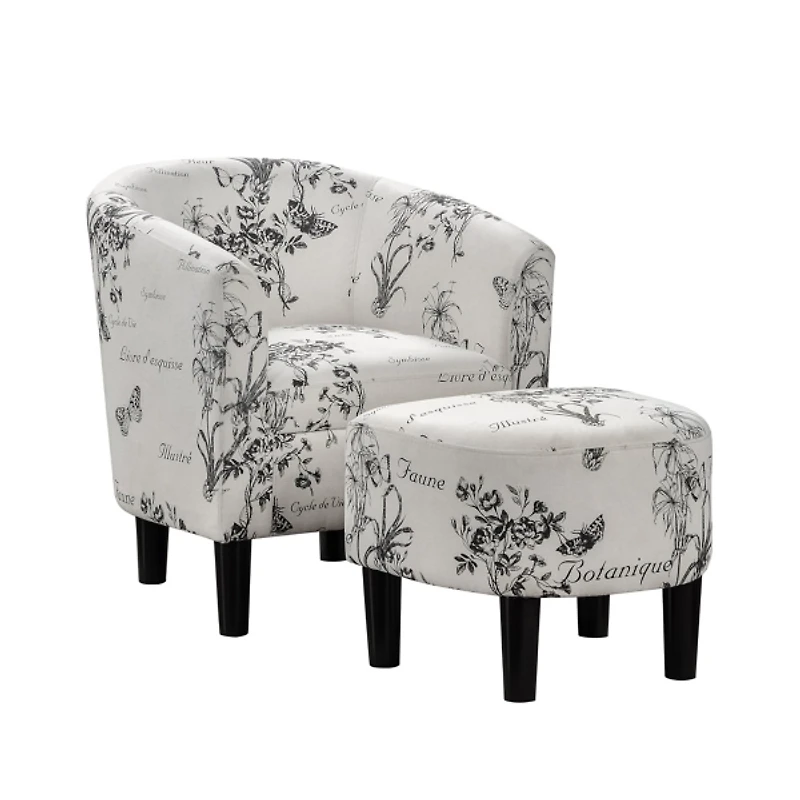 Black & White Floral Accent Chair & Ottoman Set