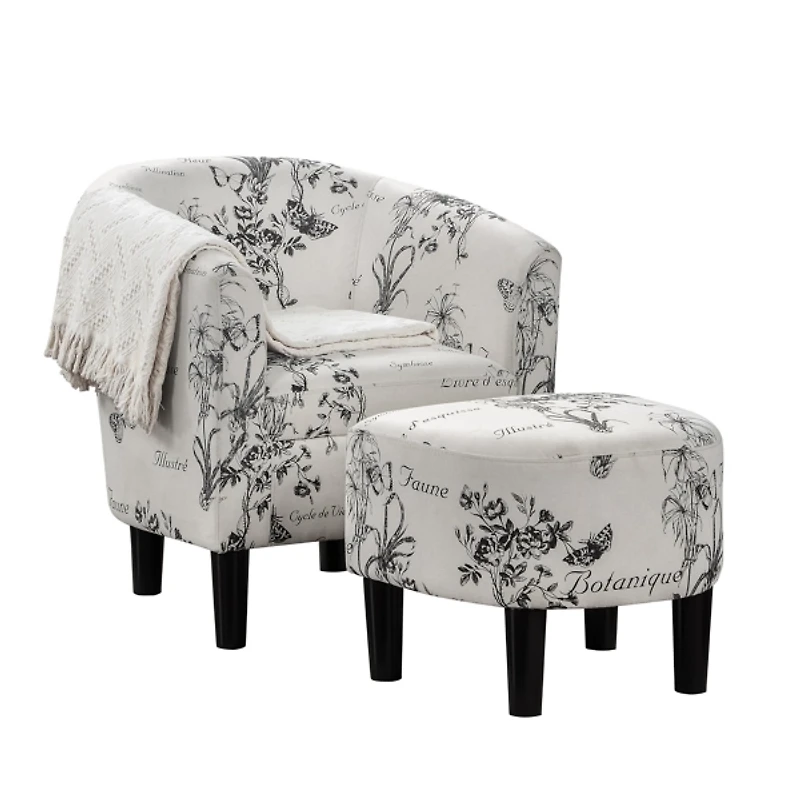 Black & White Floral Accent Chair & Ottoman Set