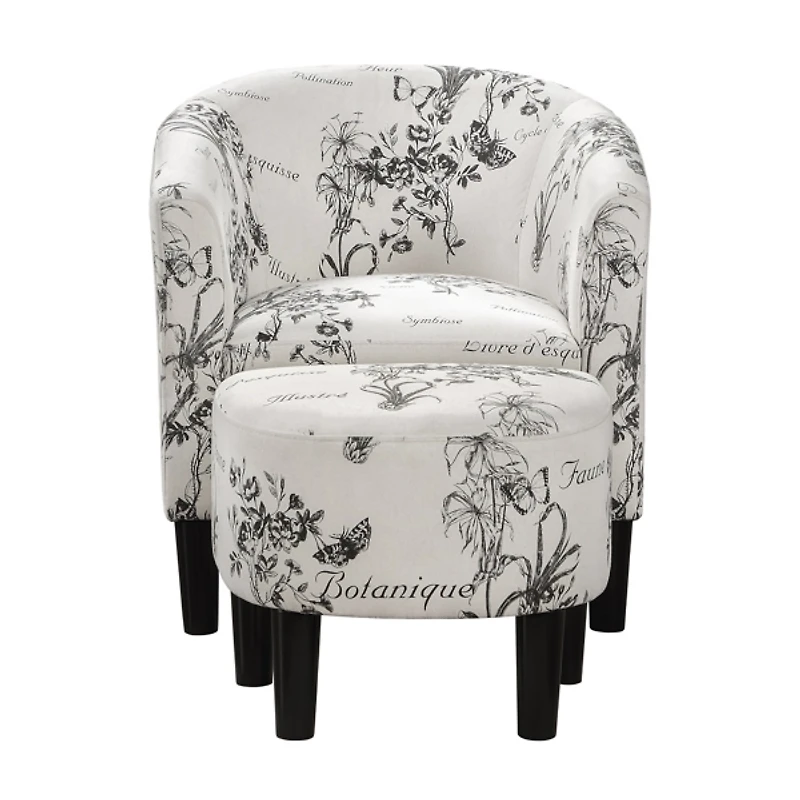 Black & White Floral Accent Chair & Ottoman Set