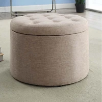 Tan Upholstered Round Shoe Storage Ottoman