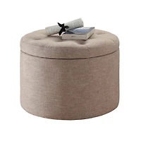 Tan Upholstered Round Shoe Storage Ottoman