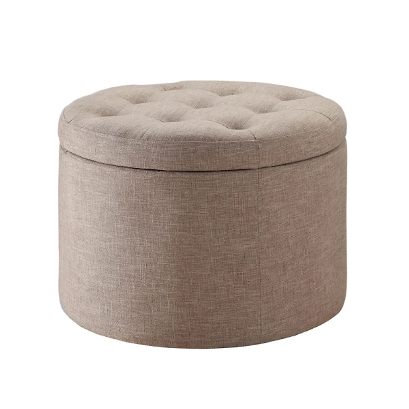 Tan Upholstered Round Shoe Storage Ottoman