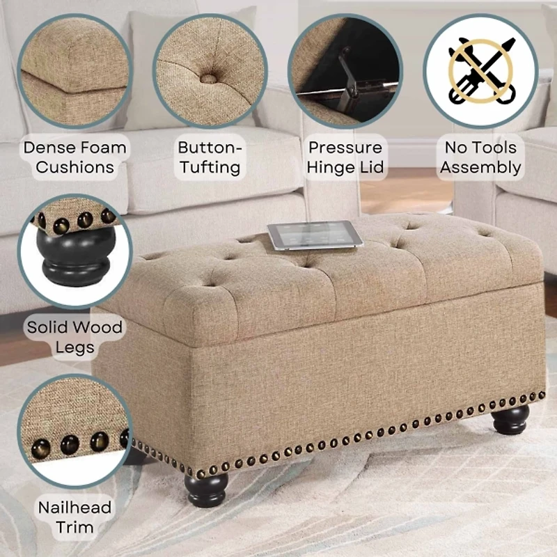 Beige Tufted Jess Storage Ottoman Bench
