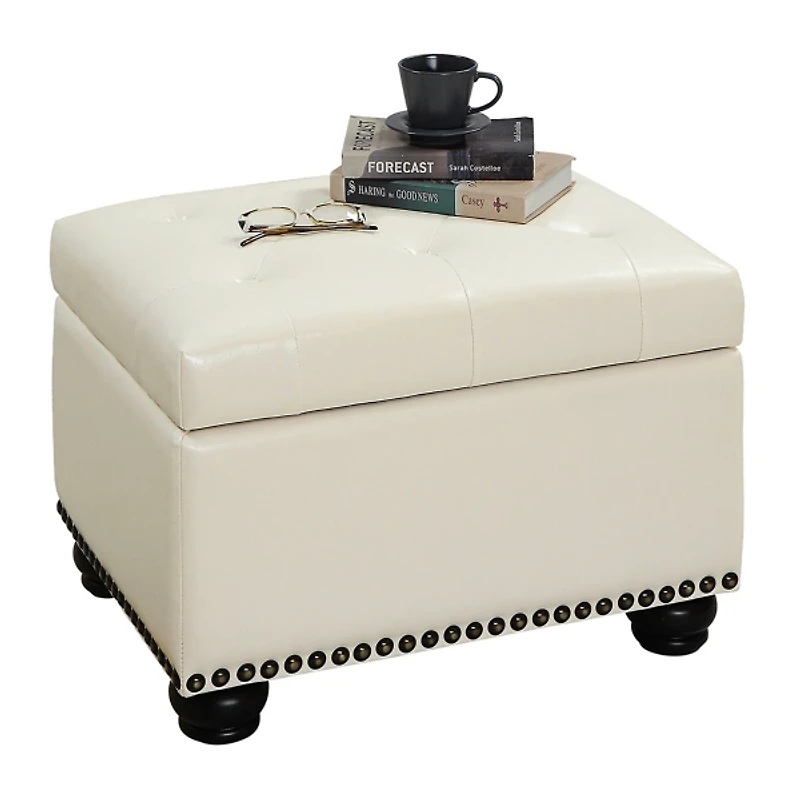 Ivory Faux Leather Jessy Storage Ottoman
