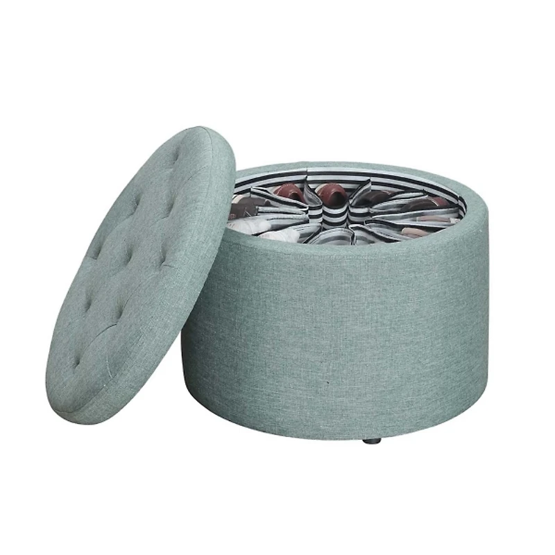 Teal Upholstered Round Shoe Storage Ottoman