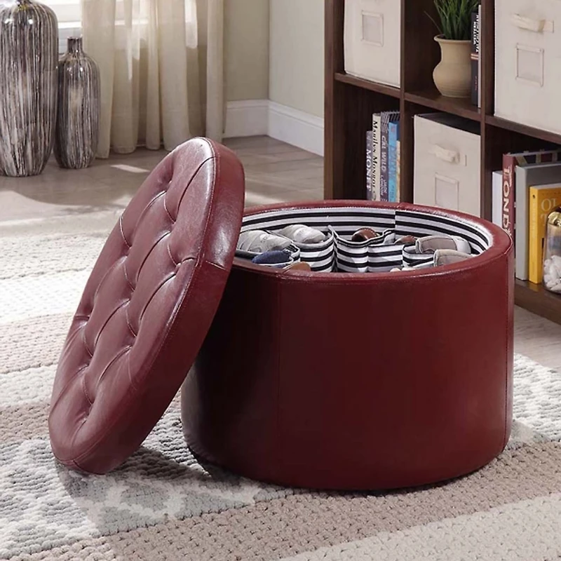 Red Faux Leather Round Shoe Storage Ottoman