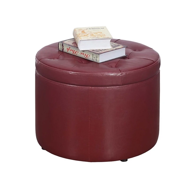 Red Faux Leather Round Shoe Storage Ottoman