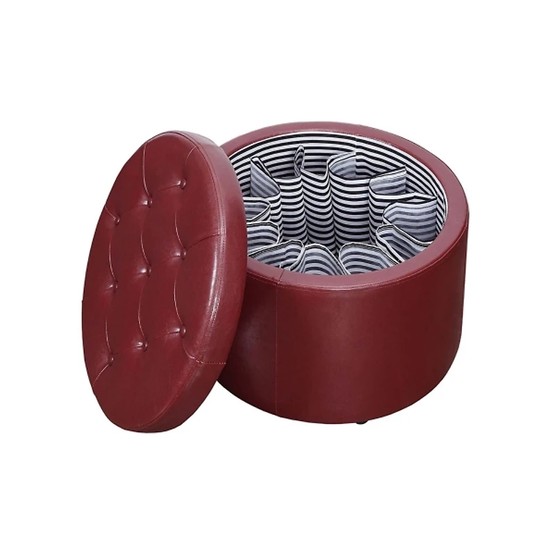 Red Faux Leather Round Shoe Storage Ottoman