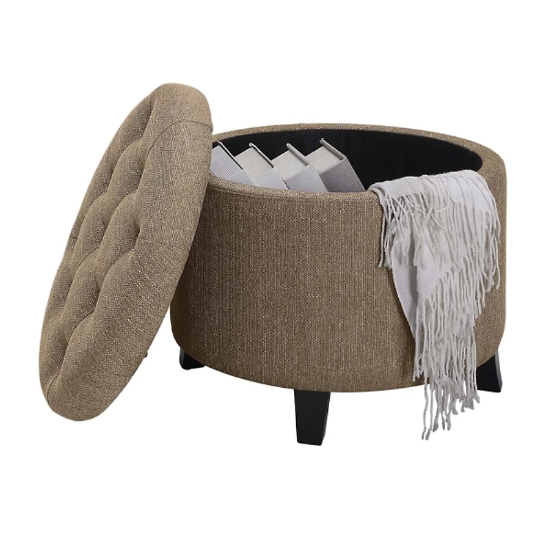Tan Upholstered Eliza Round Storage Ottoman