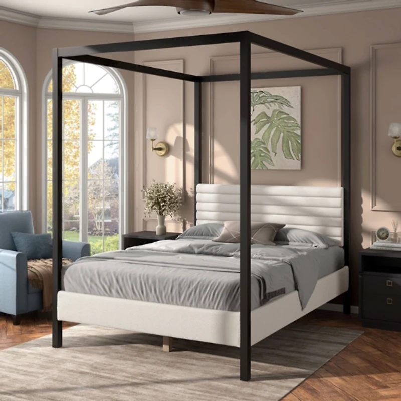 White Boucle Upholstered Black Canopy Queen Bed