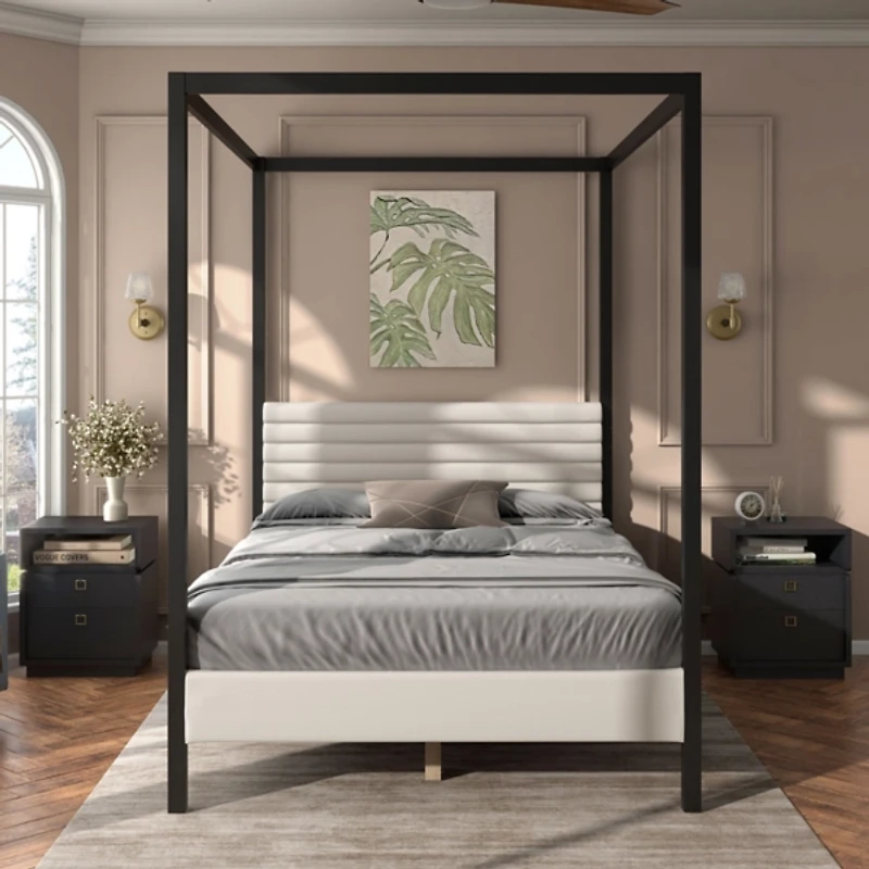 White Boucle Upholstered Black Canopy Queen Bed