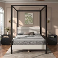 White Boucle Upholstered Black Canopy Queen Bed