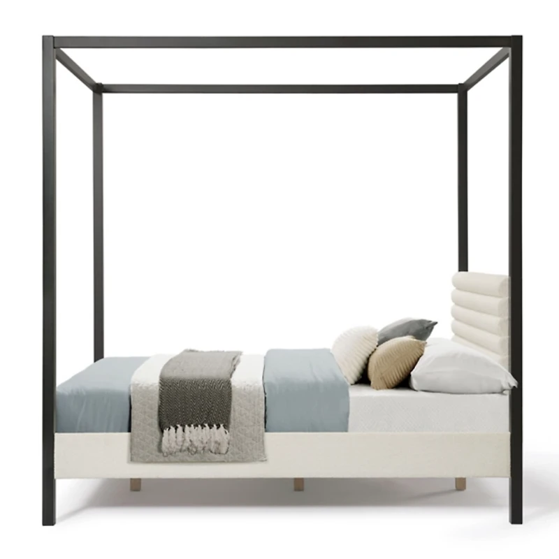White Boucle Upholstered Black Canopy Queen Bed