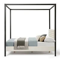 White Boucle Upholstered Black Canopy Queen Bed