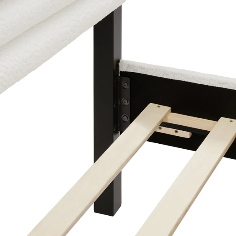 White Boucle Upholstered Black Canopy Queen Bed