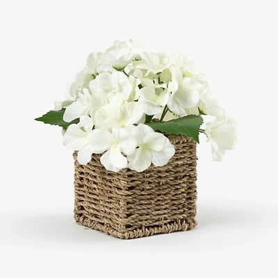 White Hydrangea Arrangement in Woven Basket