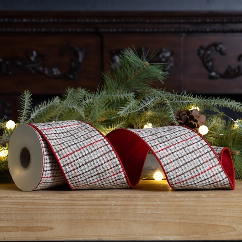 Natural Houndstooth 10 yard Christmas Ribbon