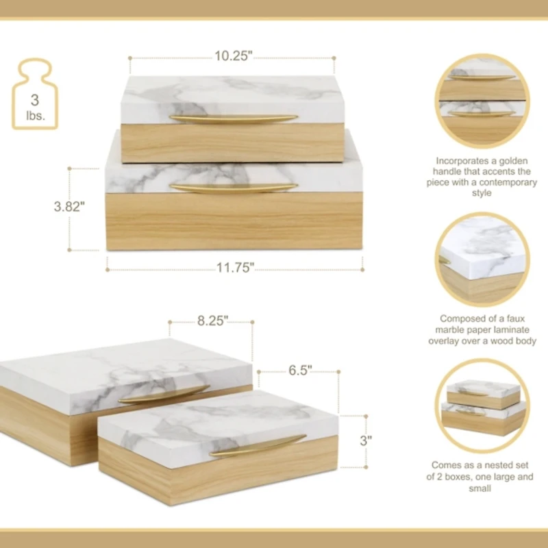 Wood and Faux Marble Rectangular Boxes, Set of 2