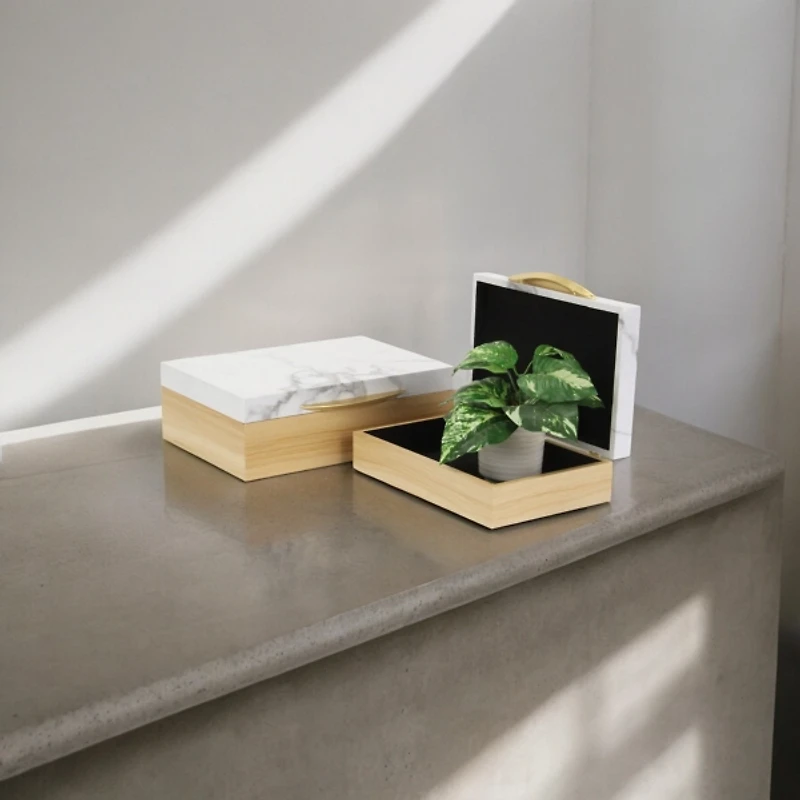 Wood and Faux Marble Rectangular Boxes, Set of 2